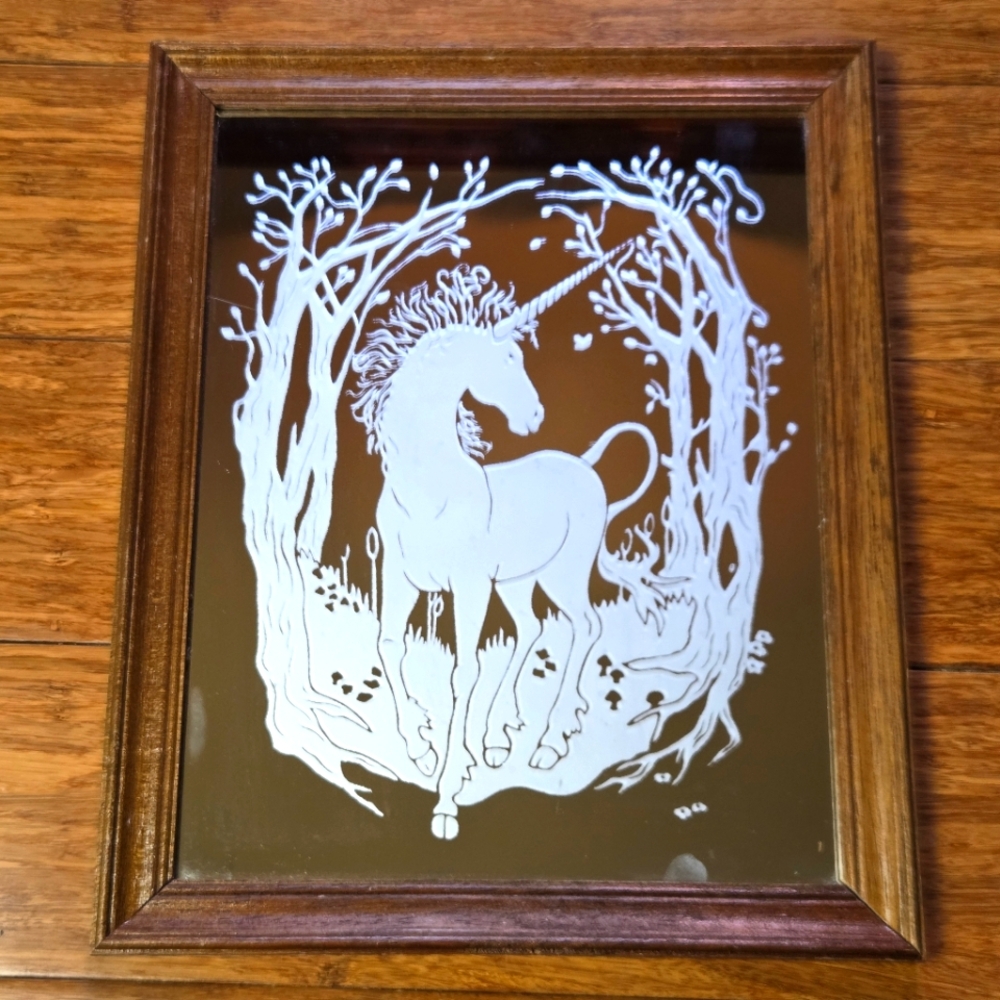 Vintage Etched Unicorn Framed Mirror Wall Art 70s
